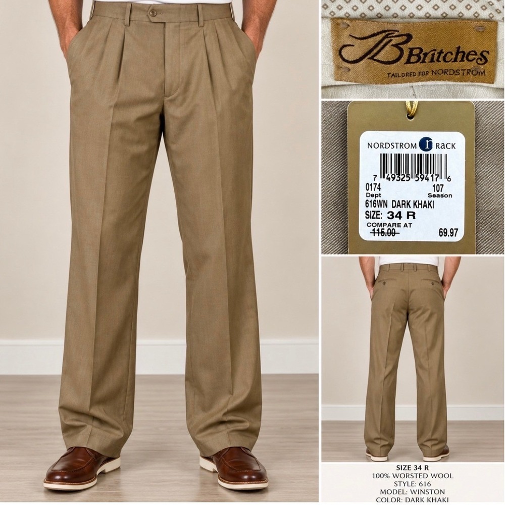 JB Britches Winston Dress Pants 34 R Dark Khaki Good Pleated Worsted Wool